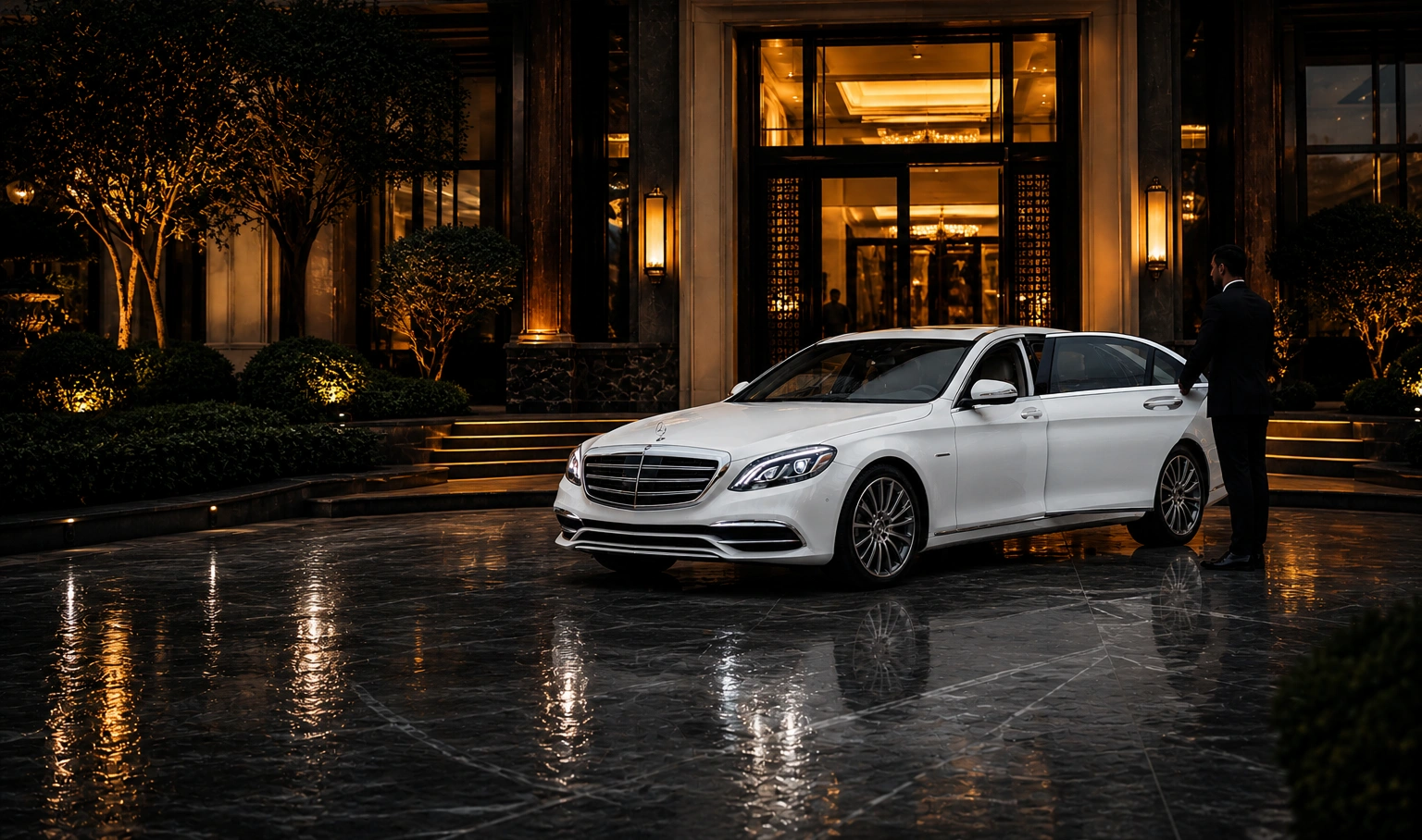 Chauffeur opening door of a luxury sedan at a hotel entrance